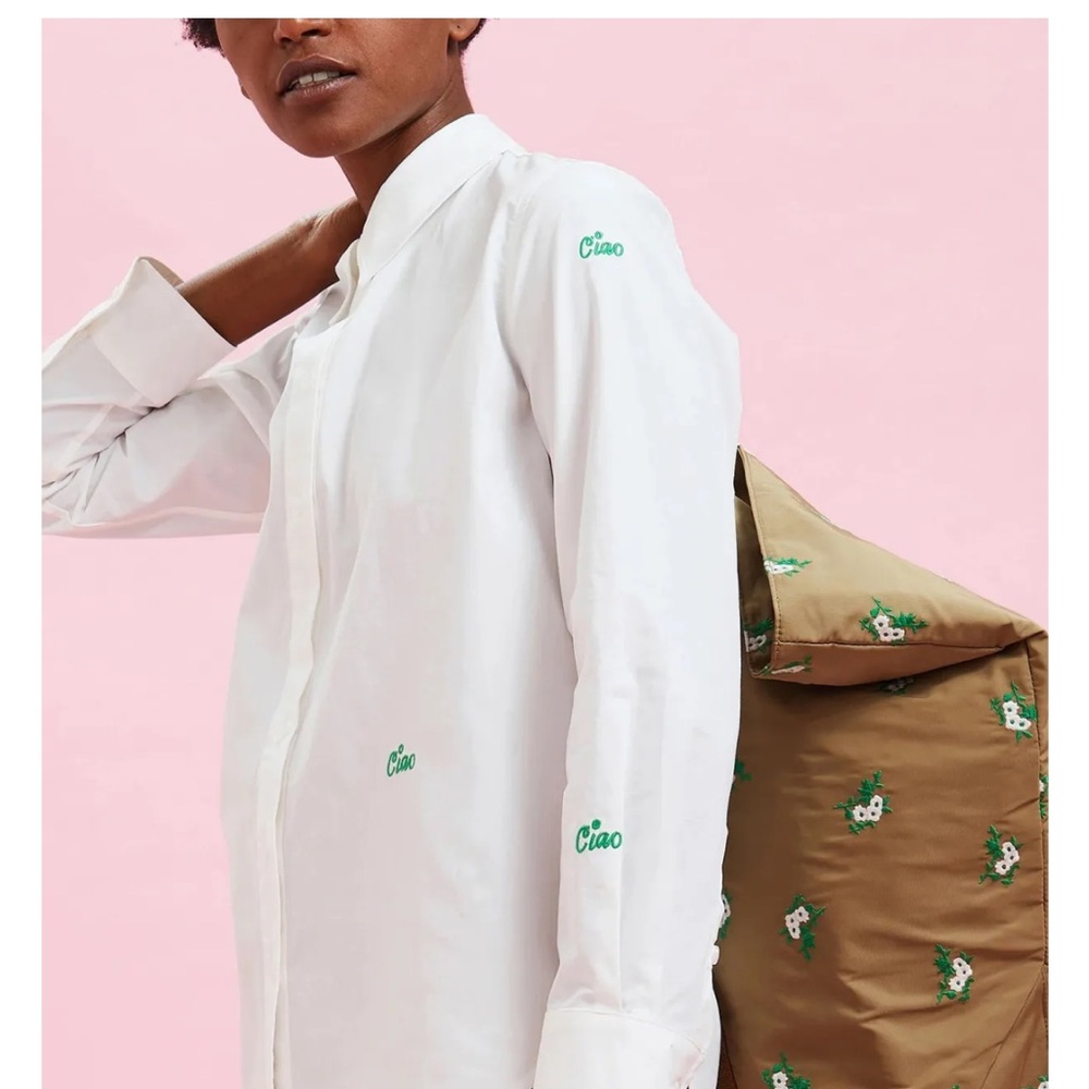 Clare V Monoprix Collab White Button Down Shirt with CIAO Embroidery